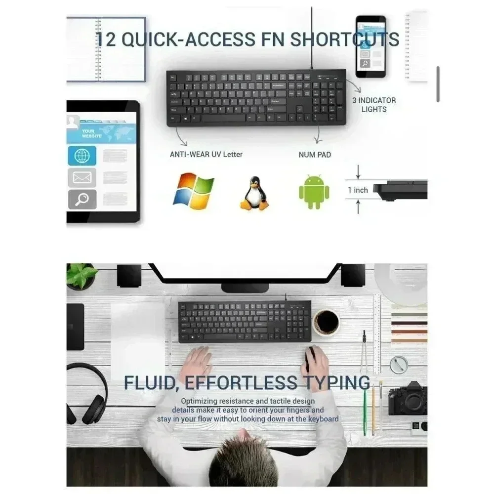Computer Keyboard Wired Plug Play USB Keyboard‎ Low Profile Chiclet Keys Large